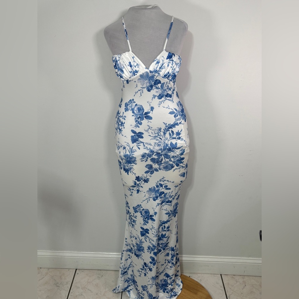 Parthea Women’s Spaghetti Strap Sexy Maxi Dress Bodycon Floral Blue White Size S